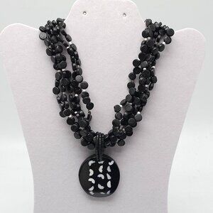 Black Multi-Strand Wood Bead Necklace Shell-Inlaid Pendant By Chicos